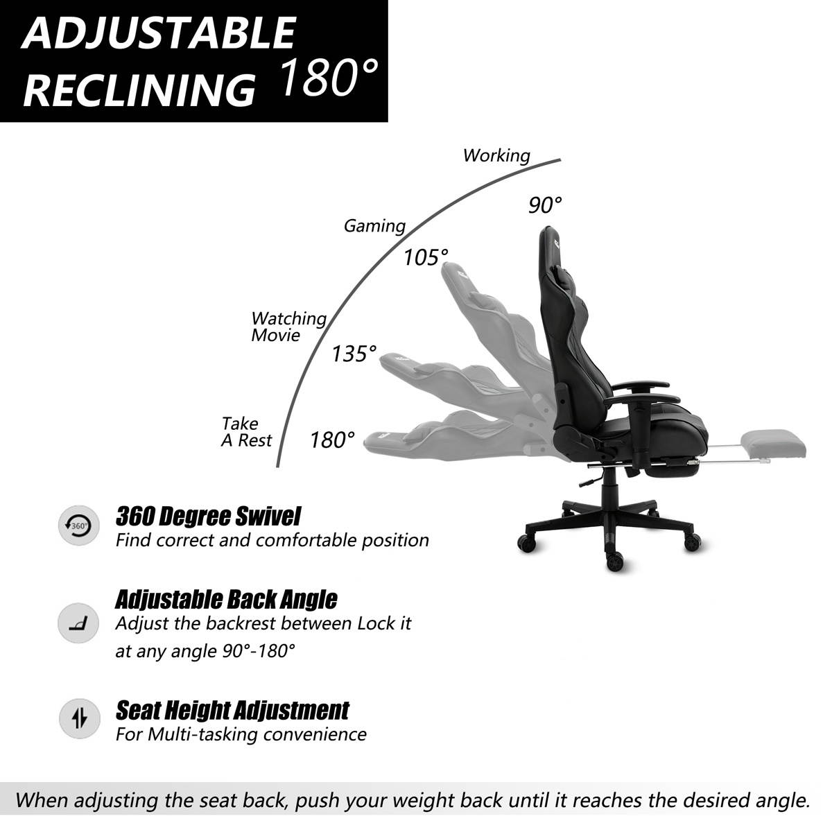 Gaming Chair Racing Style Office Chair Adjustable Massage Lumbar Cushion Swivel Rocker Recliner Leather High Back Ergonomic Computer Desk Chair with Retractable Arms and Footrest (Black)