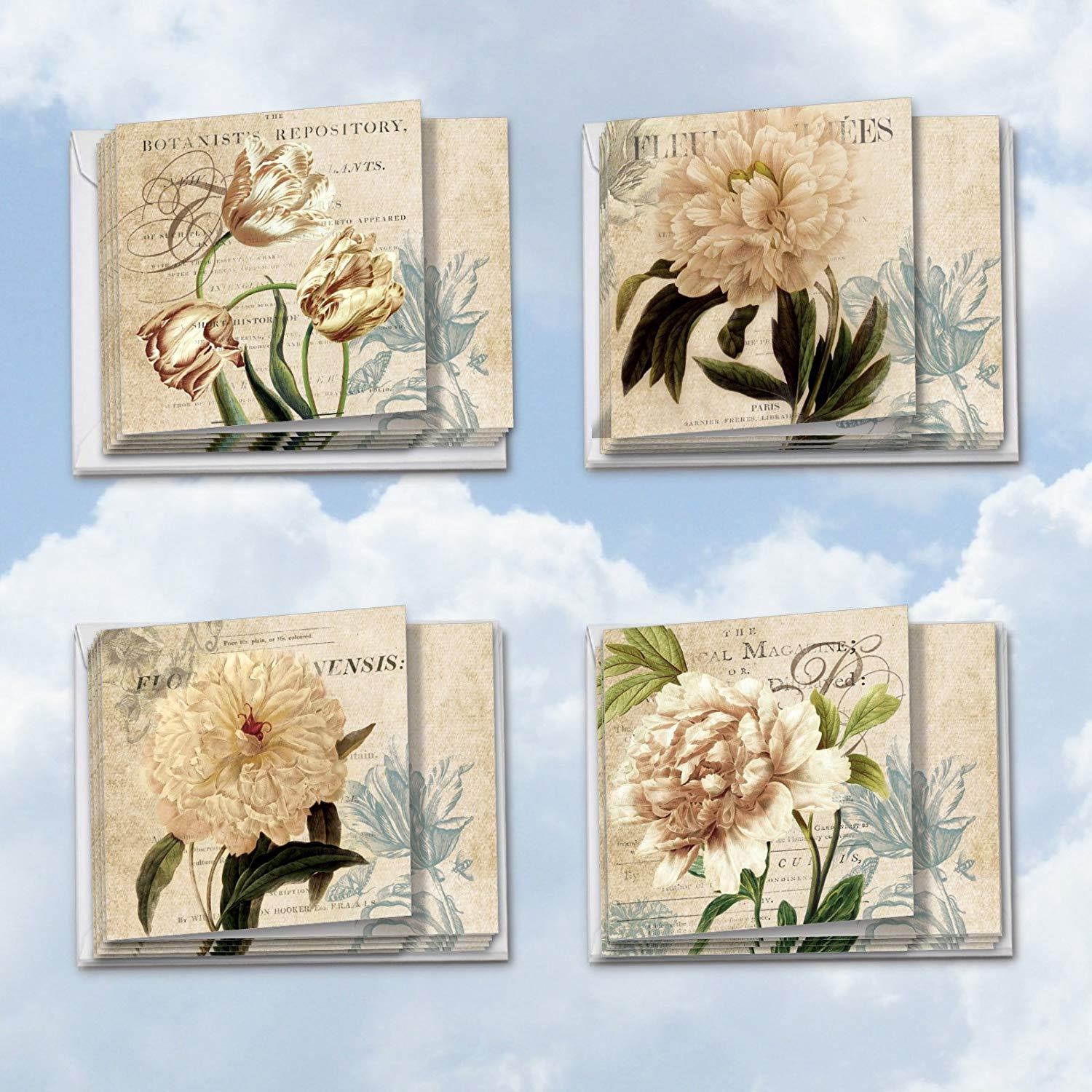 MQ4605TYG-B3x4 Painted Peonies: 12 Assorted 'Square-Top' Thank You Note Cards Featuring Collage Style Floral Images Combined with Printed Background Image with Envelopes.