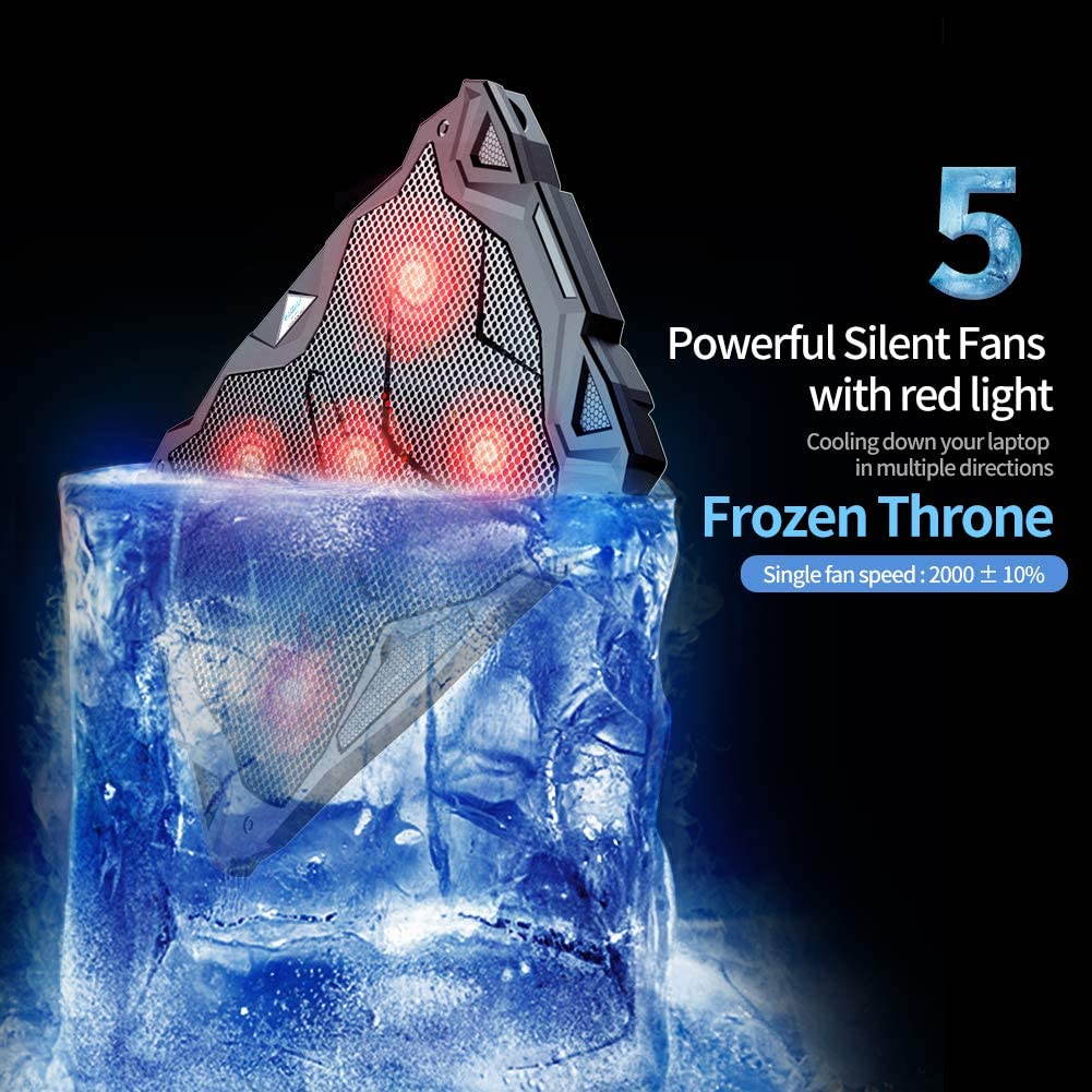 Pccooler Laptop Cooling Pad, Laptop Cooler with 5 Quiet Red LED Fans for 12-17.3 Inch Laptop, Dual USB 2.0 Ports, Portable 6 Angle Adjustable Laptop Stand for Gaming Laptop (PC-R5)