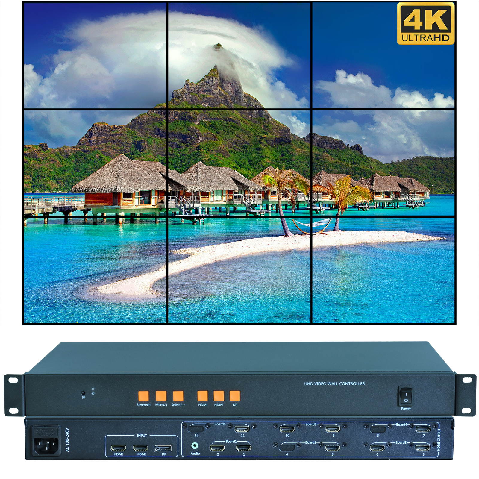 Video Wall Controller 4K 3840x2160@60Hz HDMI 2.0, HDMI 1.4, DP1.2 Inputs with 9 HDMI Outputs for TV Splicing, Support 3x3,3x2,2x3,5x1,6x1,1x6 Display and 180 Degree Rotate