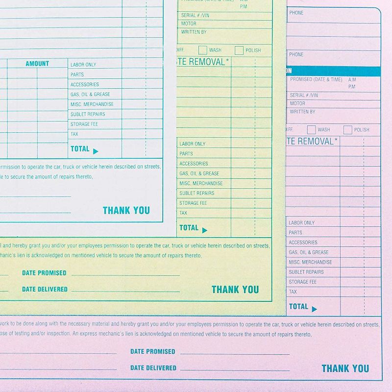 3-Pack Auto Repair Order Books Invoice Form, 3-Part Carbonless, 50 Set/ per Book, 8.45 x 7.5"