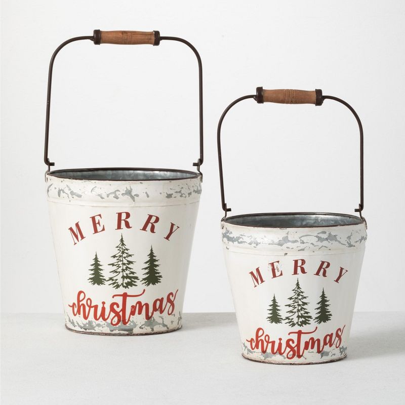 Sullivans Merry Christmas Metal Bucket Set of 2, 9.25"H & 7.75"H Multicolored