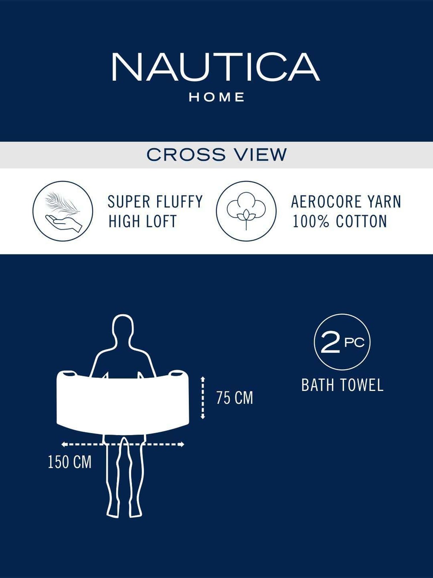 Nautica Cross View White & Steel Grey Cotton 600 GSM Fluffy Zero Twist Bath Towel - Set of 2