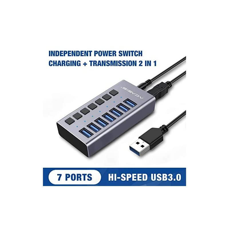 Powered USB Hub  7 Ports 36W USB 30 Data Hub with Individual OnOff Switches and 12V3A Power Adapter USB Hub 30 Splitter for Laptop PC Computer Mobile HDD Flash Drive and More