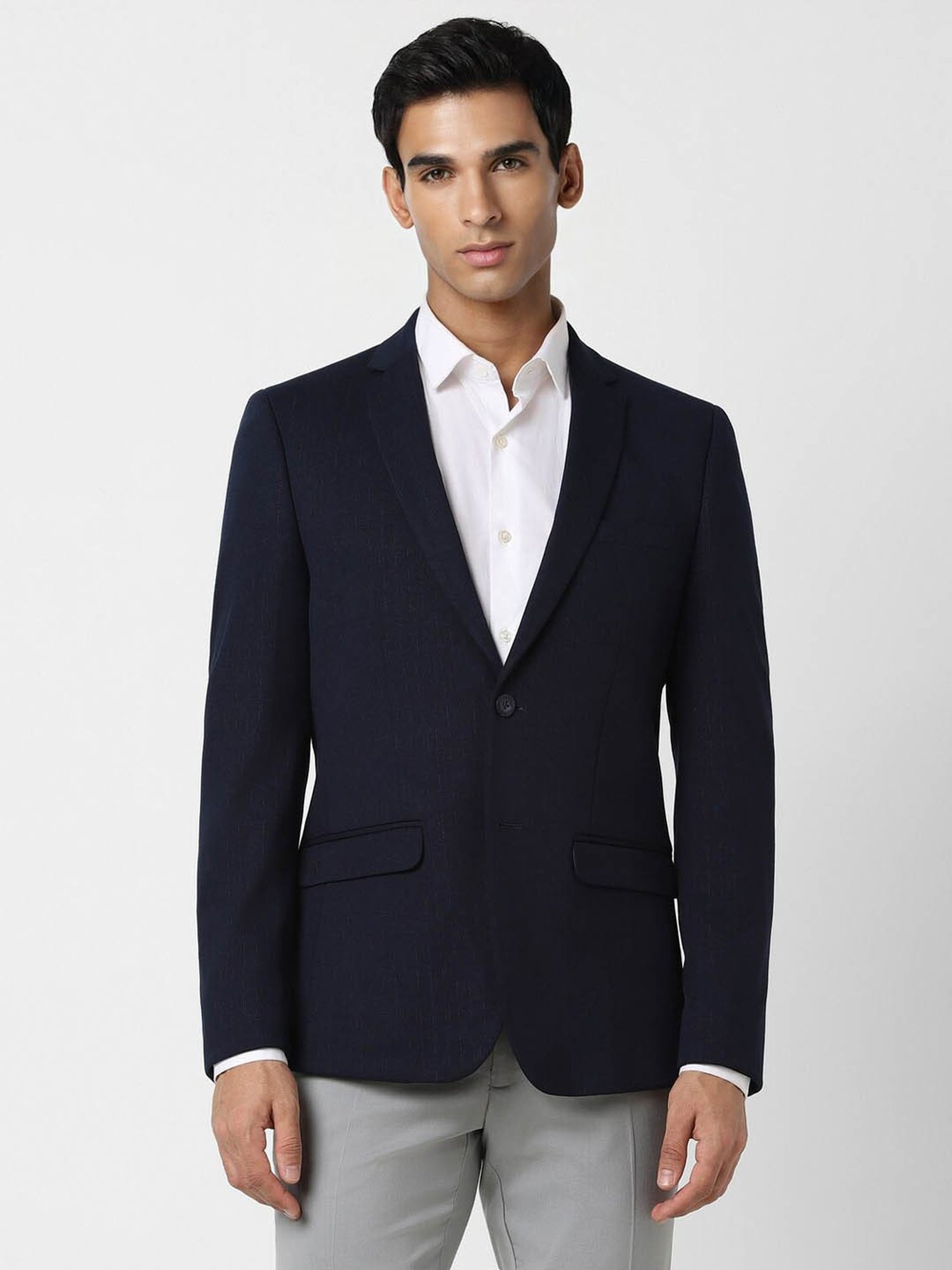 V Dot Navy Blue Skinny Fit Blazer