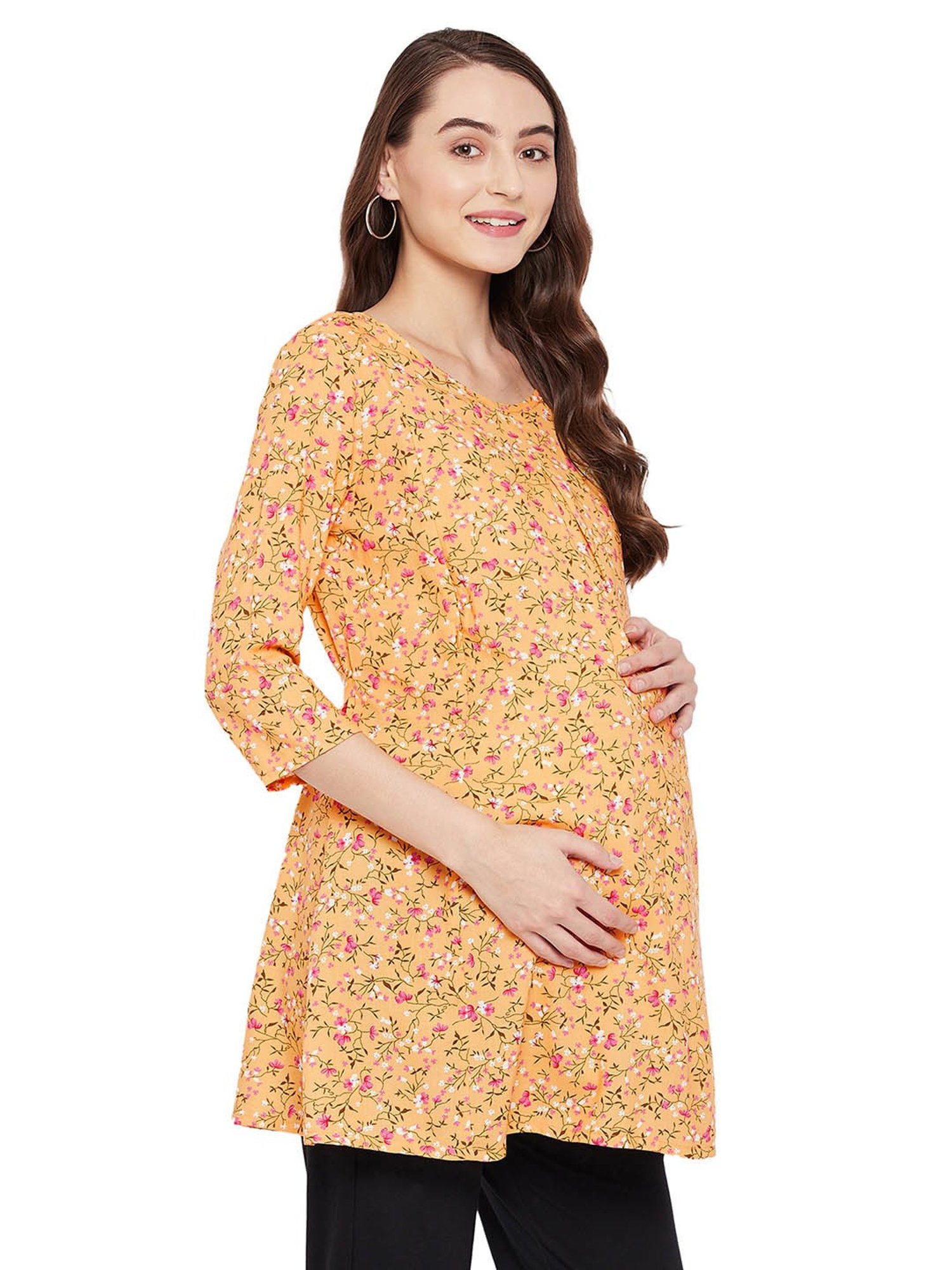 Hypernation Yellow Rayon Floral Print Maternity Top