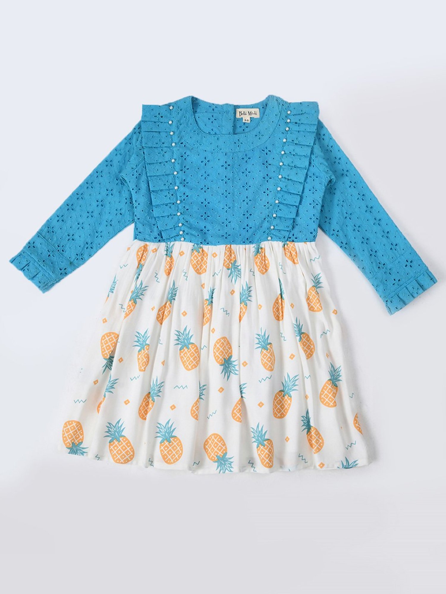 Bella Moda Kids Blue & White Self Design Full Sleeves Fit & Flare Dress