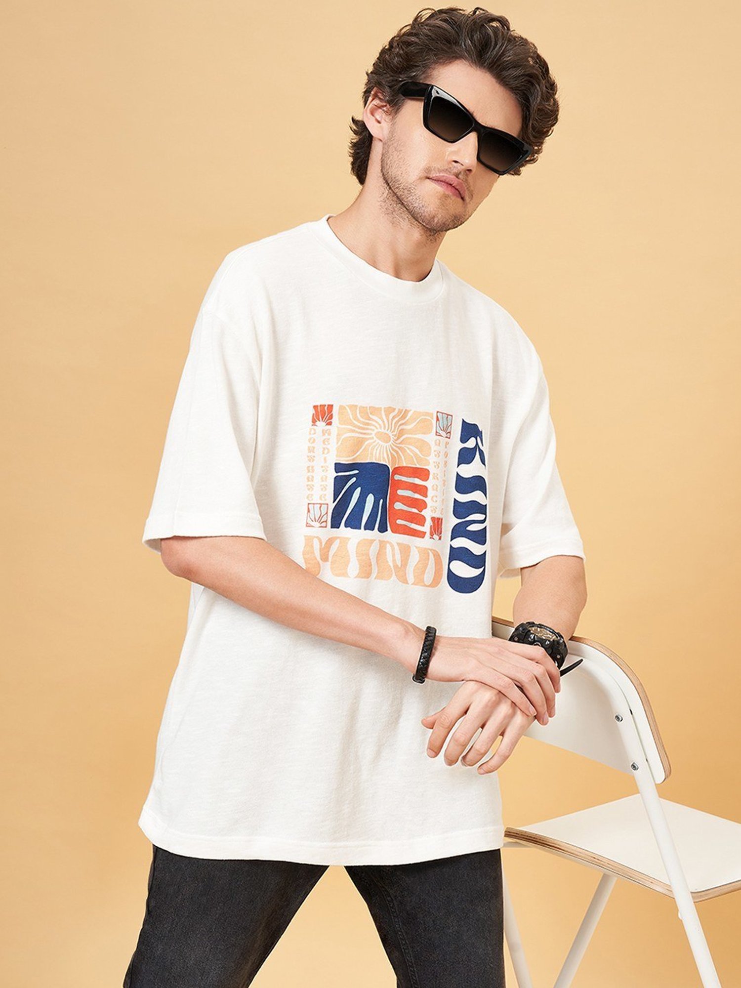 People by Pantaloons Snow White Cotton Loose Fit Printed T-Shirt