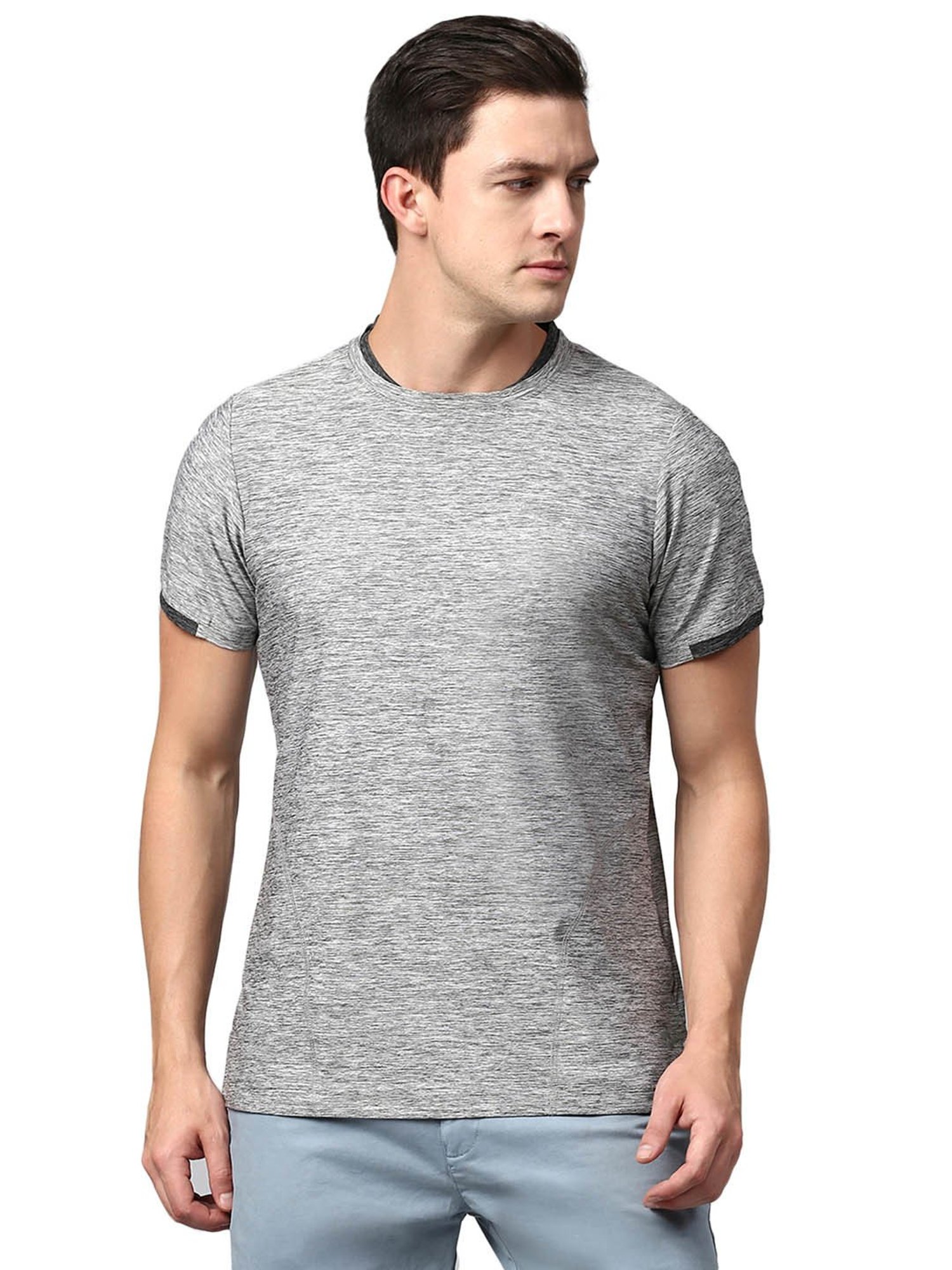 Slowave Grey Regular Fit Self Design T-Shirt