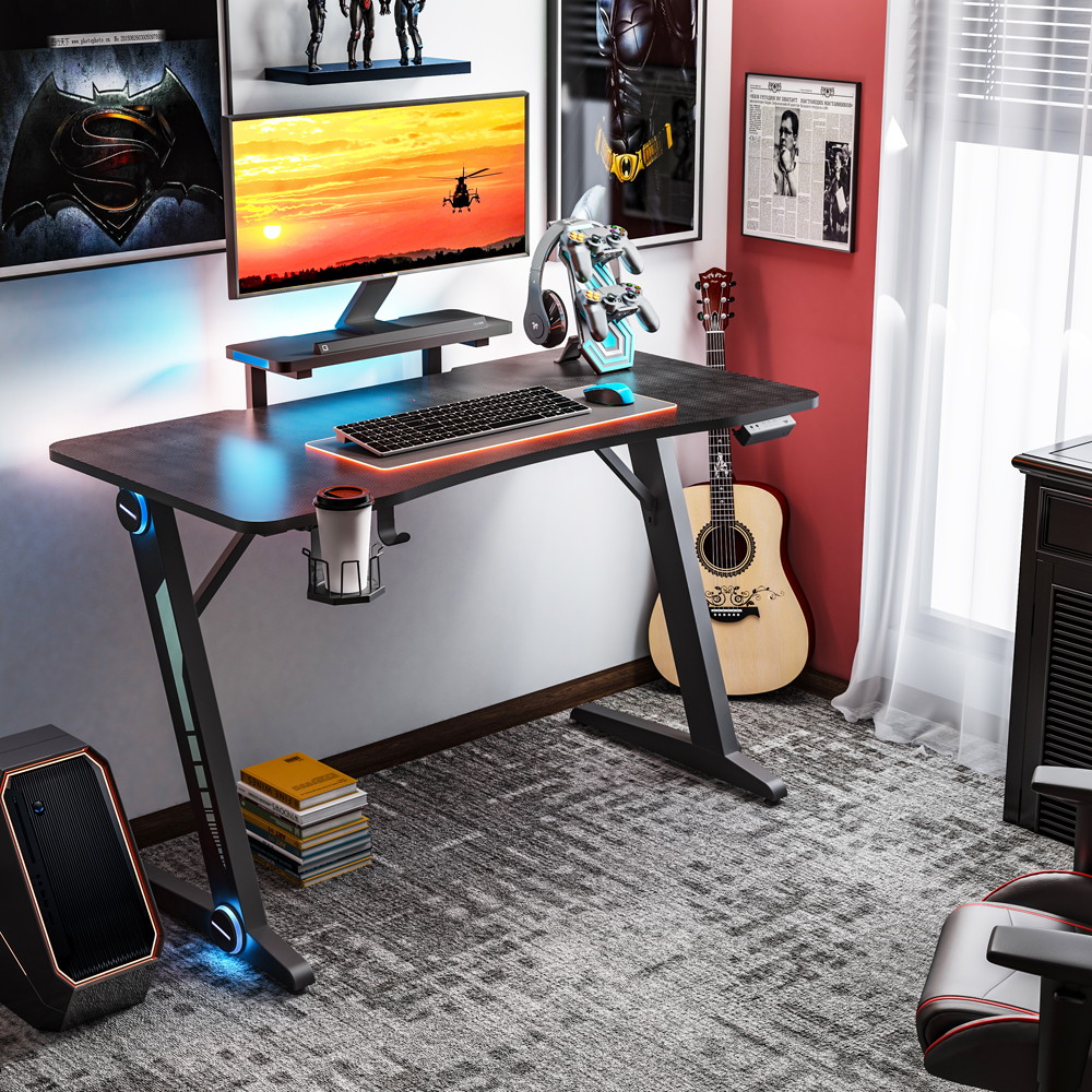 Gaming Desk Z-Shaped Computer Desk Gamer Workstation Gamer Table with RGB Lights Monitor Stand Carbon Fiber Surface Cup Holder Headphone Hook Plug Board Holder
