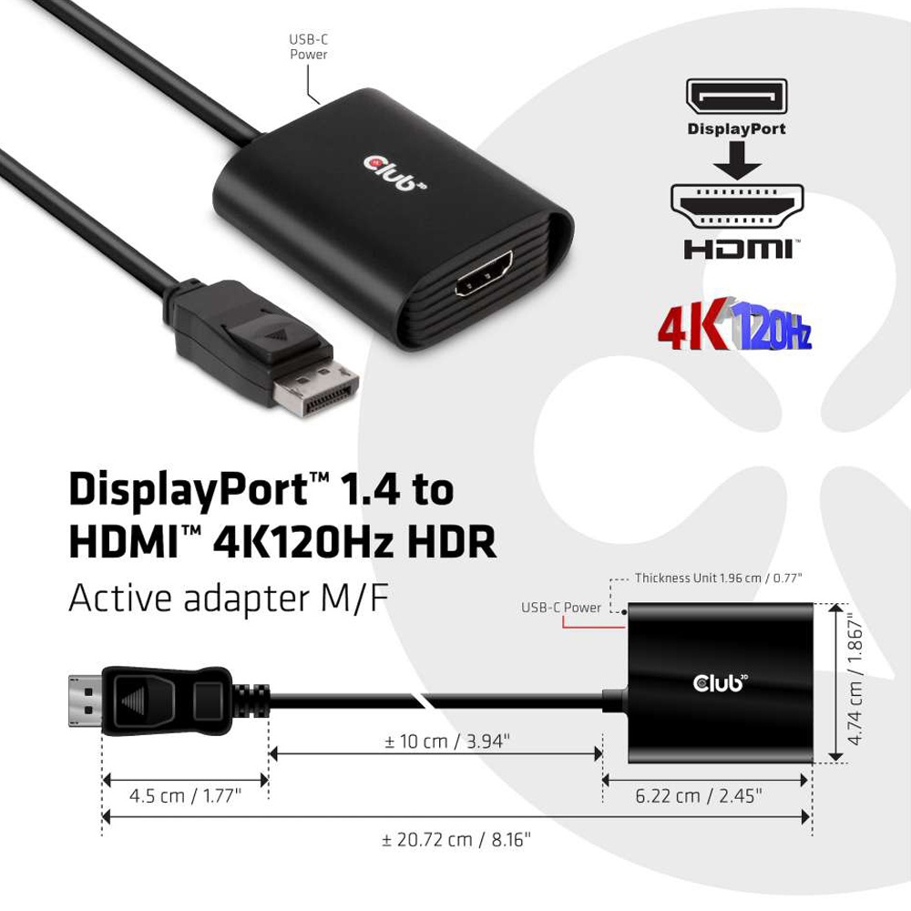 Club3D CAC-1085 DisplayPort 1.4 to HDMI 4K120Hz HDR Active Adapter M/F