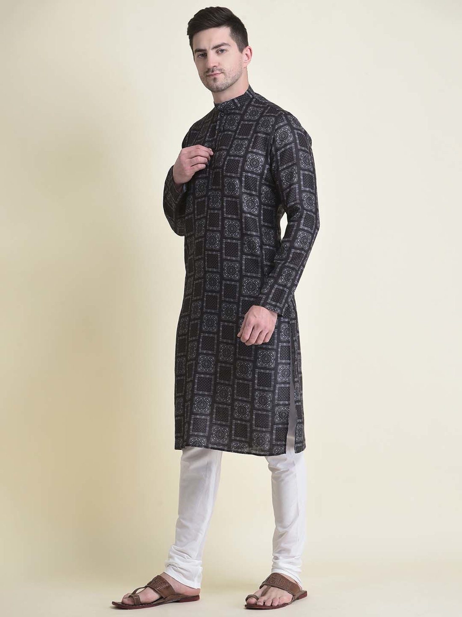 TABARD Black Regular Fit Print Kurta with Churidar Set