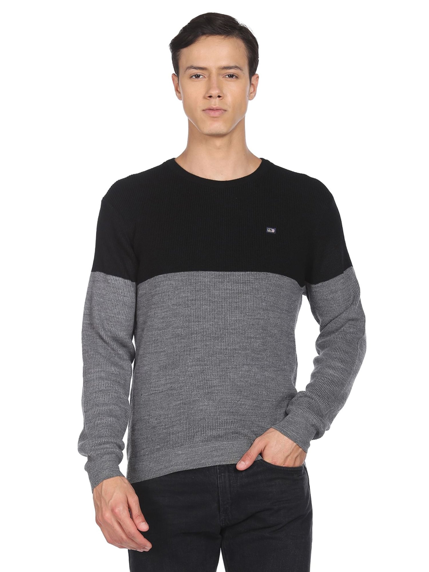 Arrow Sport Black & Grey Regular Fit Colour Block Sweater