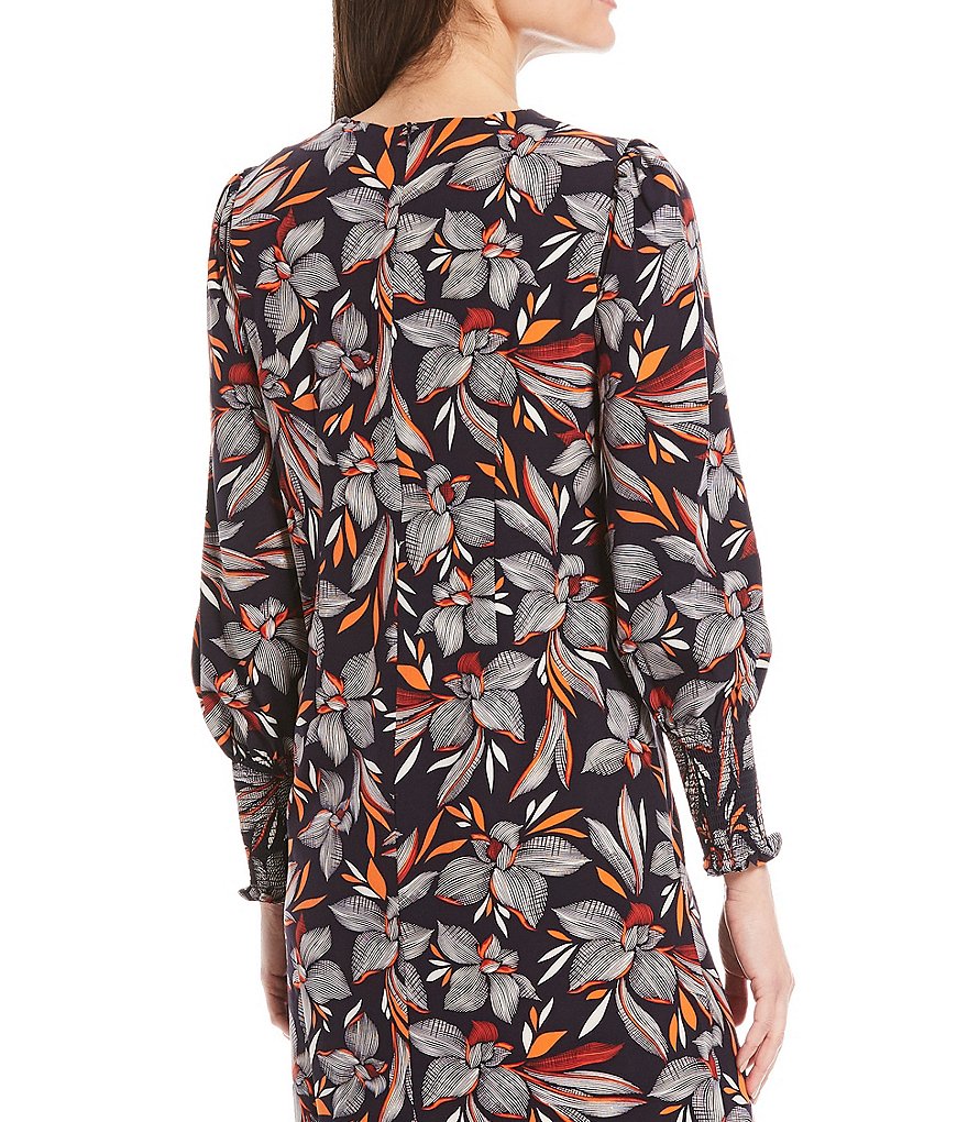 London Times Long Sleeve Feather Floral Smocked Shift Dress