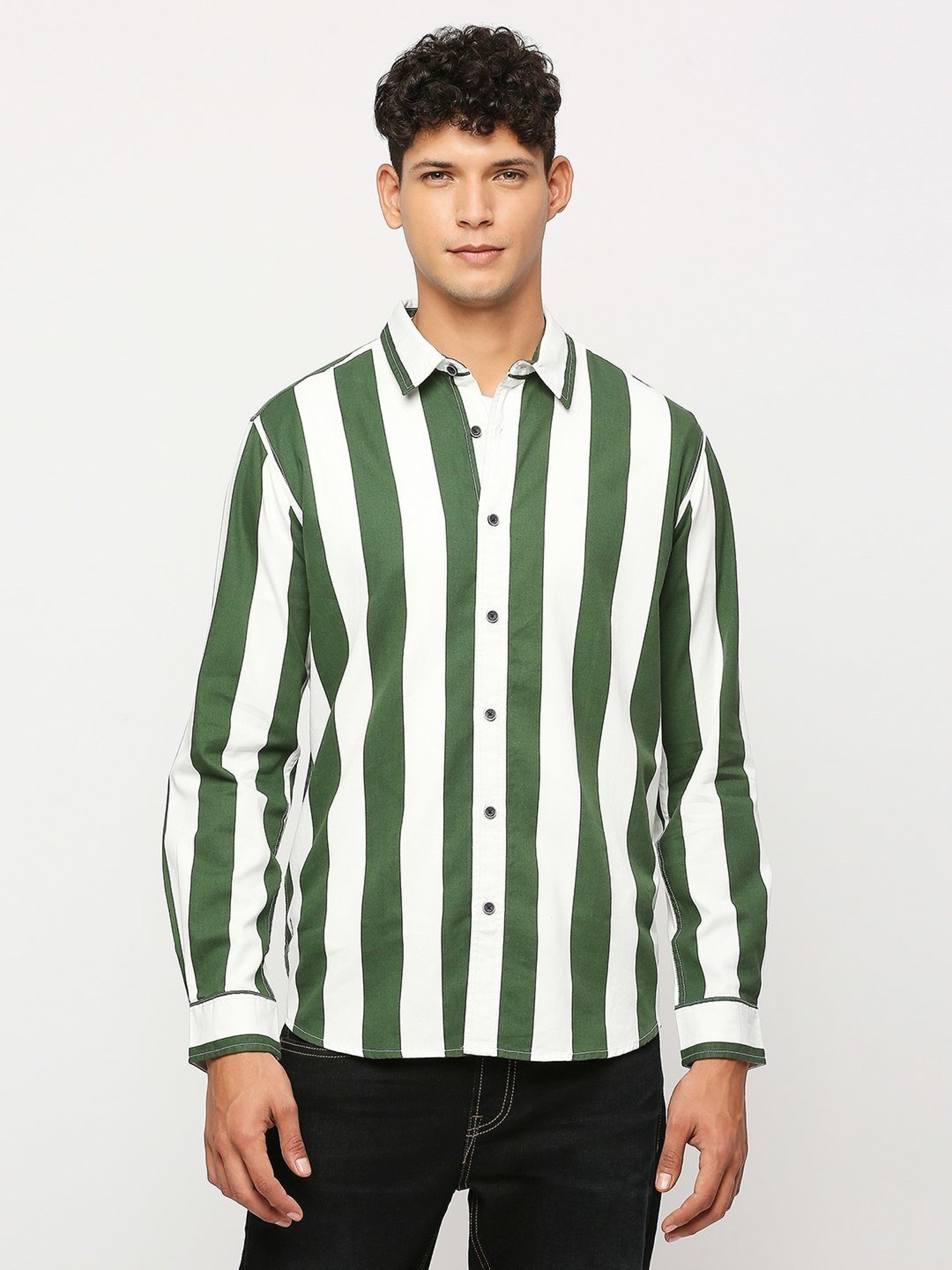 Pepe Jeans Dark Green Cotton Regular Fit Striped Shirt