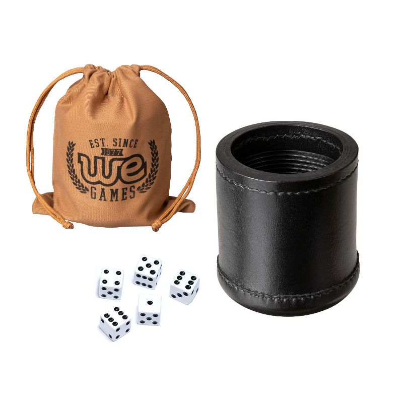 WE Games Mahogany Leather Dice Cup with Ribbed Rubber Lining, 5 Dice and Canvas Storage Bag