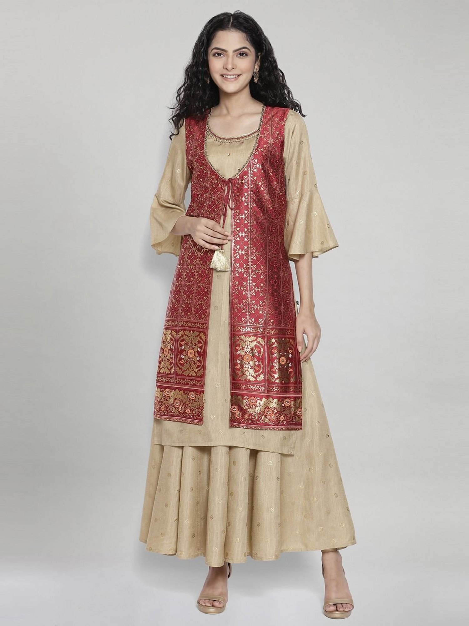Aurelia Beige Embellished Kurta Palazzo Set With Gilet