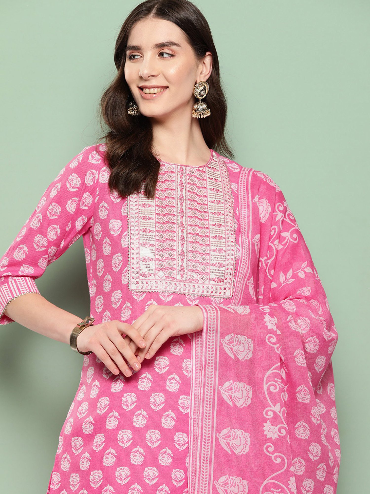 Indo Era Pink Printed Kurta With Pant & Dupatta