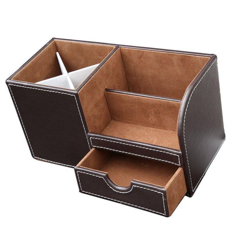 KINGFOM Wooden Struction Leather Multi-function Desk Stationery Organizer Storage Box Pen/Pencil,Cell phone, Business Name Cards Remote Control Holder with Small Drawer Brown