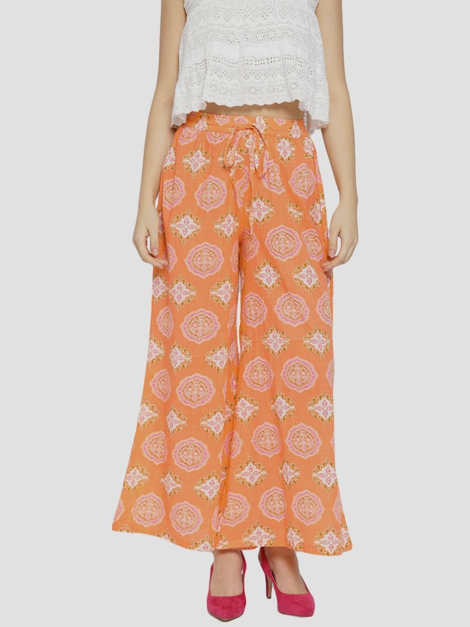Sringam Orange Cotton Printed Palazzos