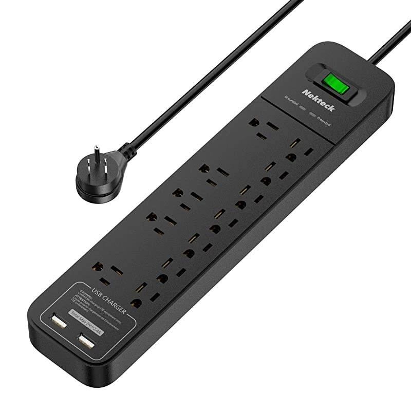 Power Strip Flat Plug  Surge Protector with 2 USB Port and 12 AC Outlet 6ft Heavy Duty Extension Cord Wall Mount Charging Station for Home Outdoor Office 2390Joule 5V24A