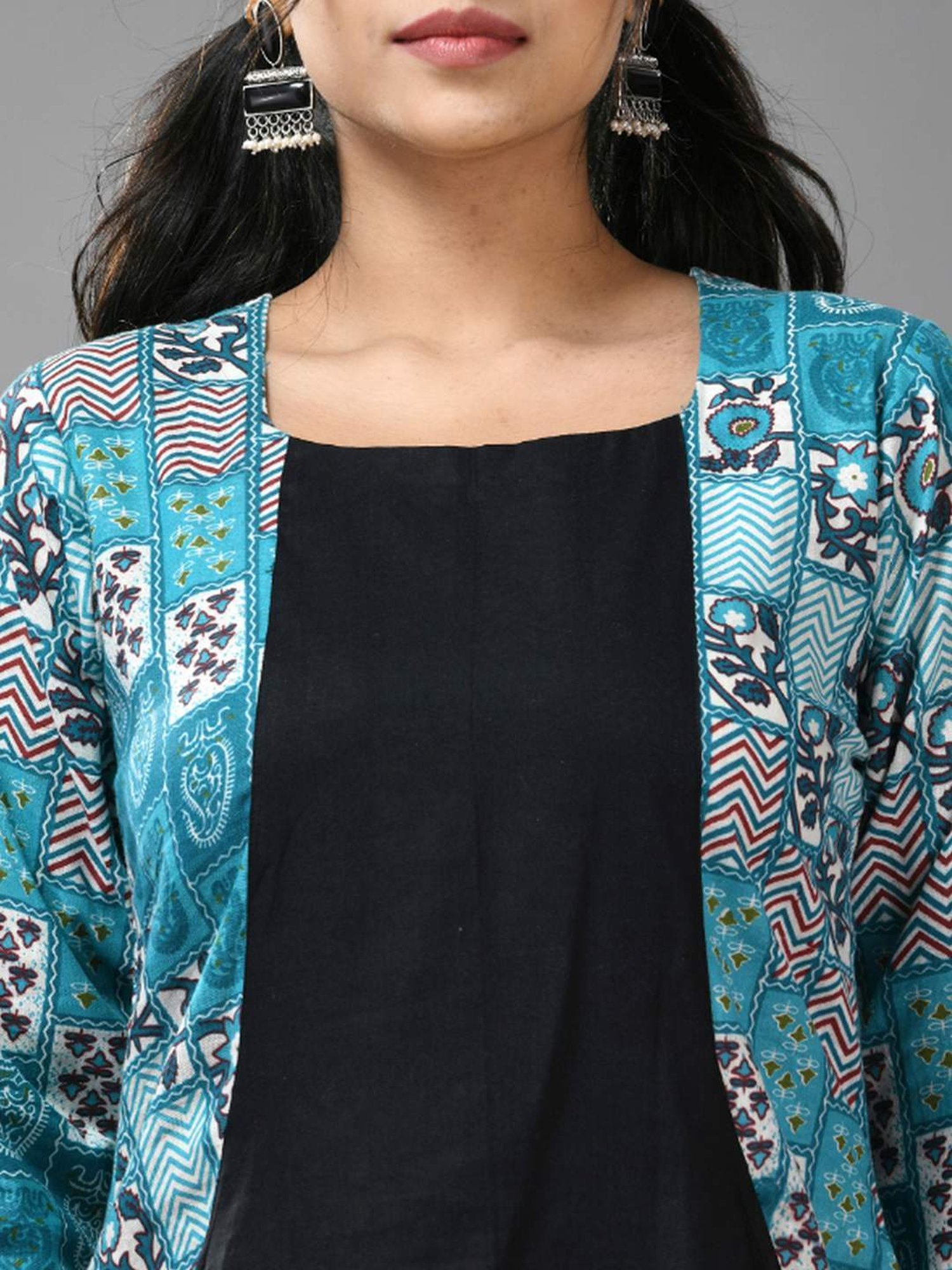 CHARUKRITI Black Cotton Printed A-Line Dress With Jacket