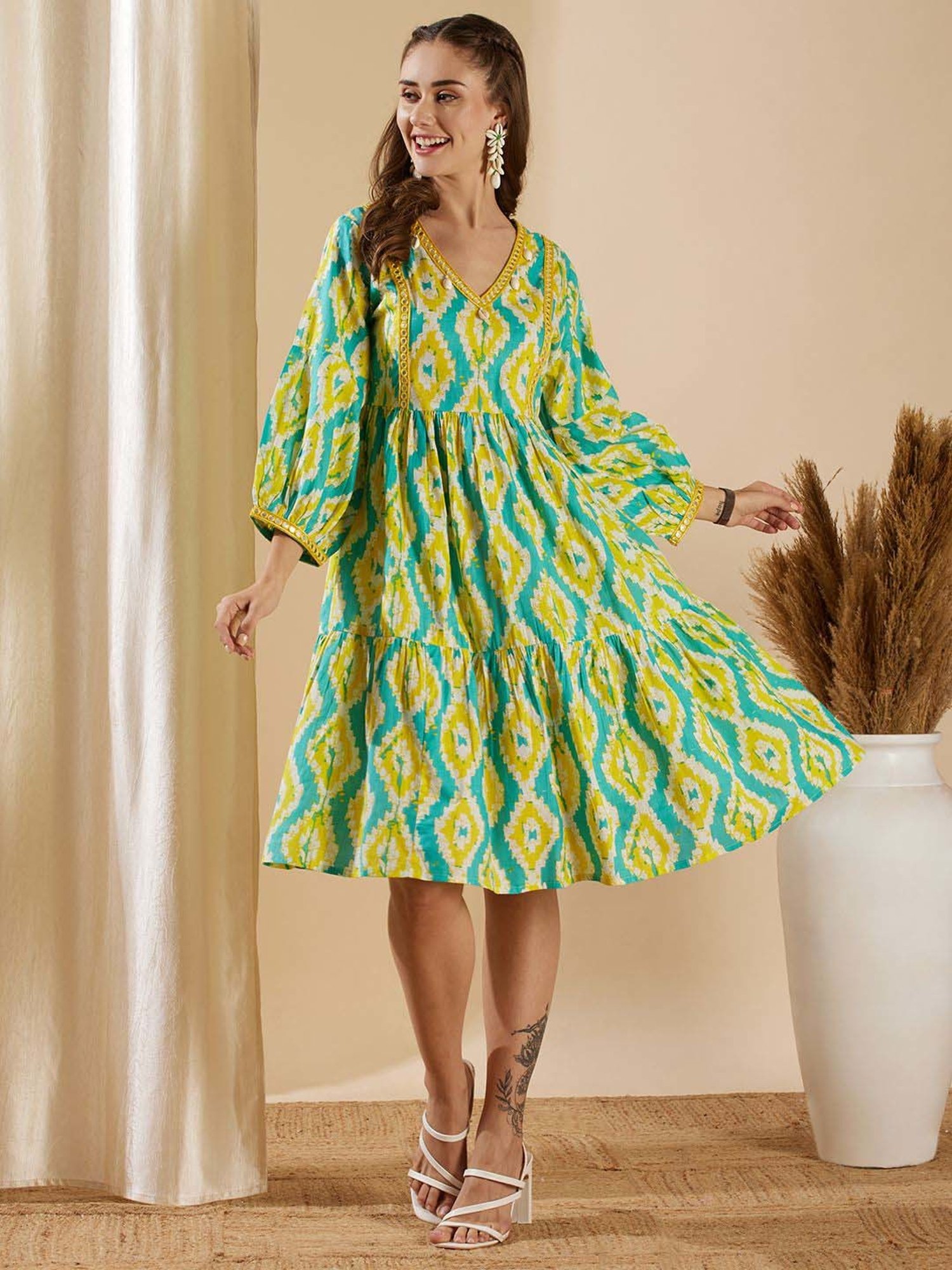 Fashor Blue & Yellow Cotton Printed A-Line Dress