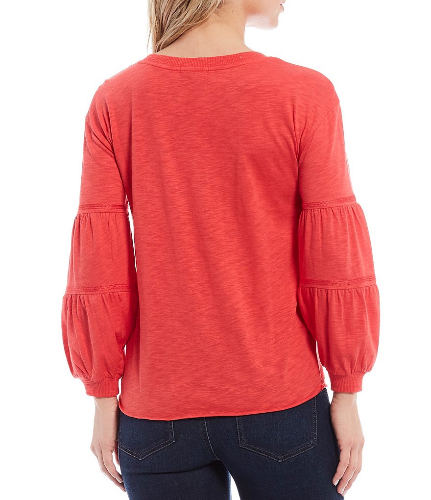 Democracy Notch Neck 3/4 Tiered Puffed Sleeve Knit Top