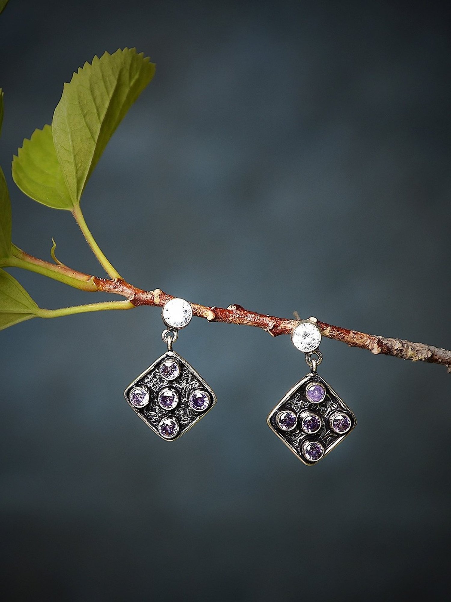 Imli Street Purple Silver Tone Stone-Studded Handcrafted Dangler Earrings