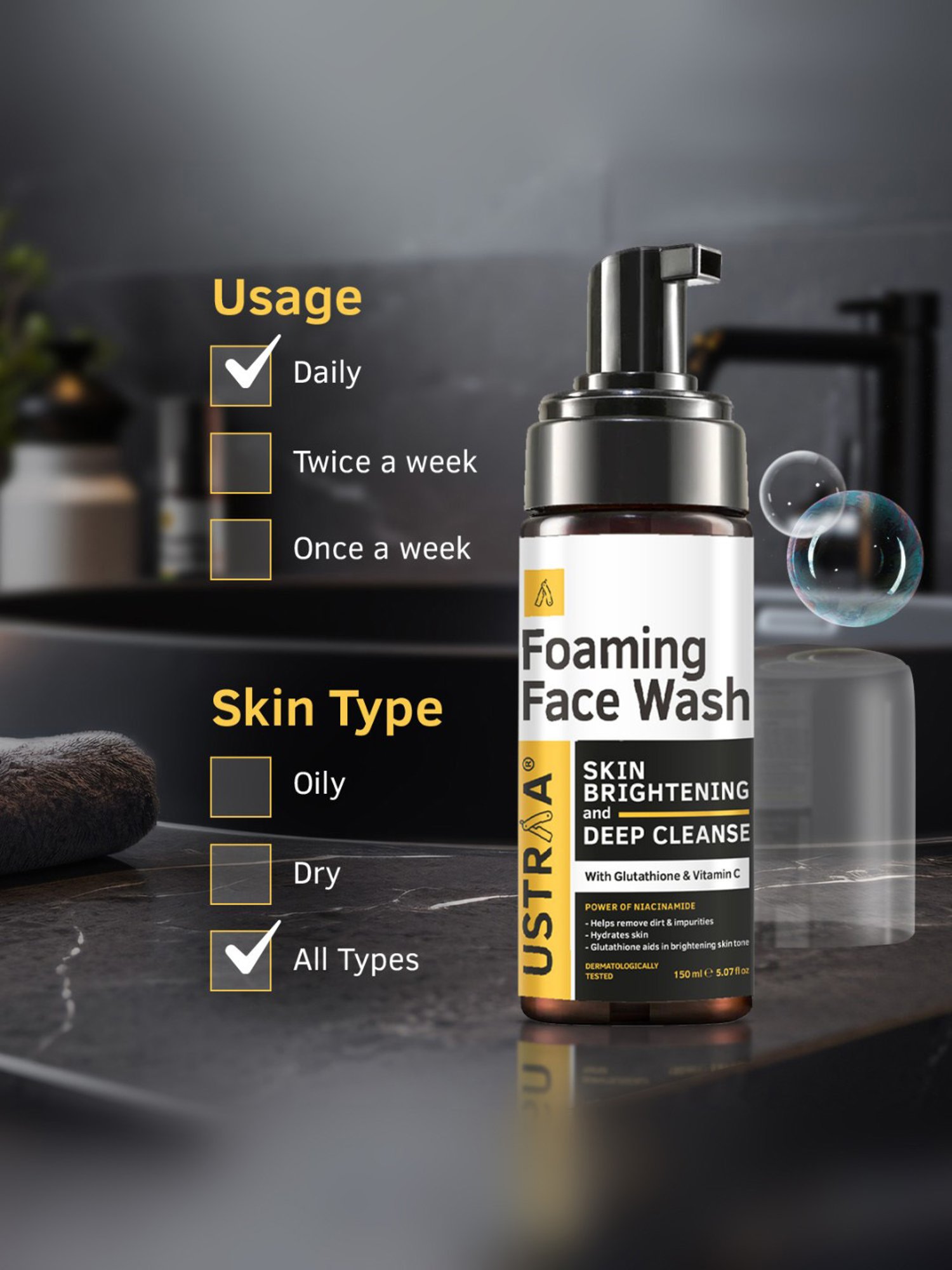 Ustraa Skin Brightening & Deep Cleanse Foaming Face Wash & Moisturising Cream Combo