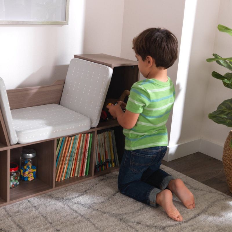 KidKraft Wooden Bookcase Storage Shelving Unit with Comfortable Cushioned Children's Reading Nook and 6 Storage Organizer Cubbies, Gray