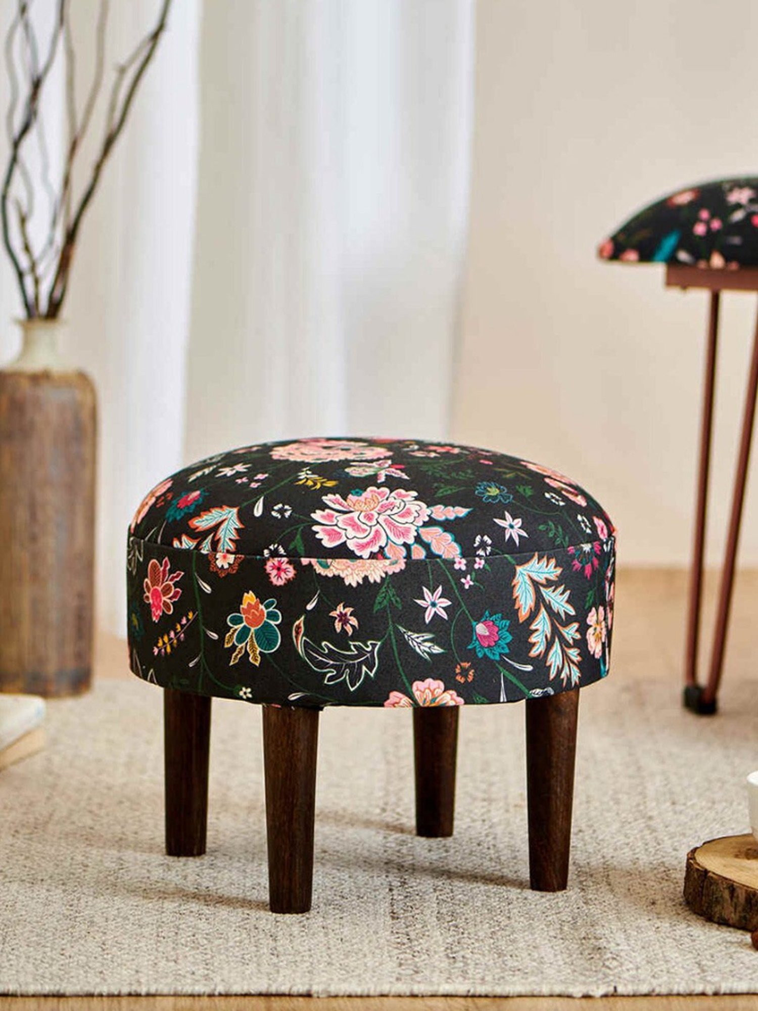 Chumbak French Sahara Solid Mustard Yellow Wood Ottoman