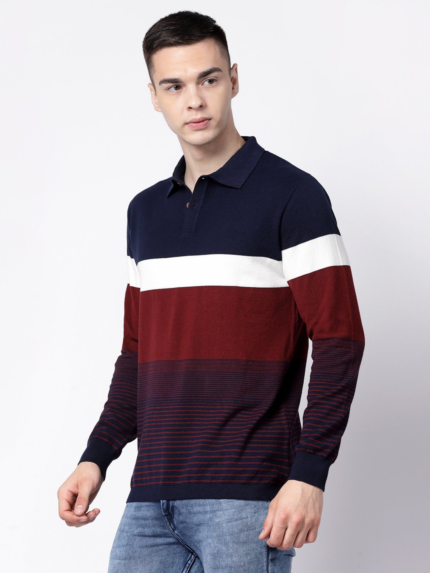 Kalt Navy & Maroon Regular Fit Striped Polo T-Shirt