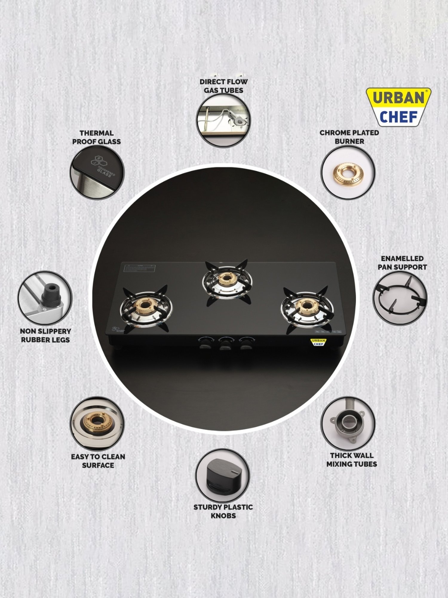 Urban Chef Gas Stove with 3 Burners ( Black )