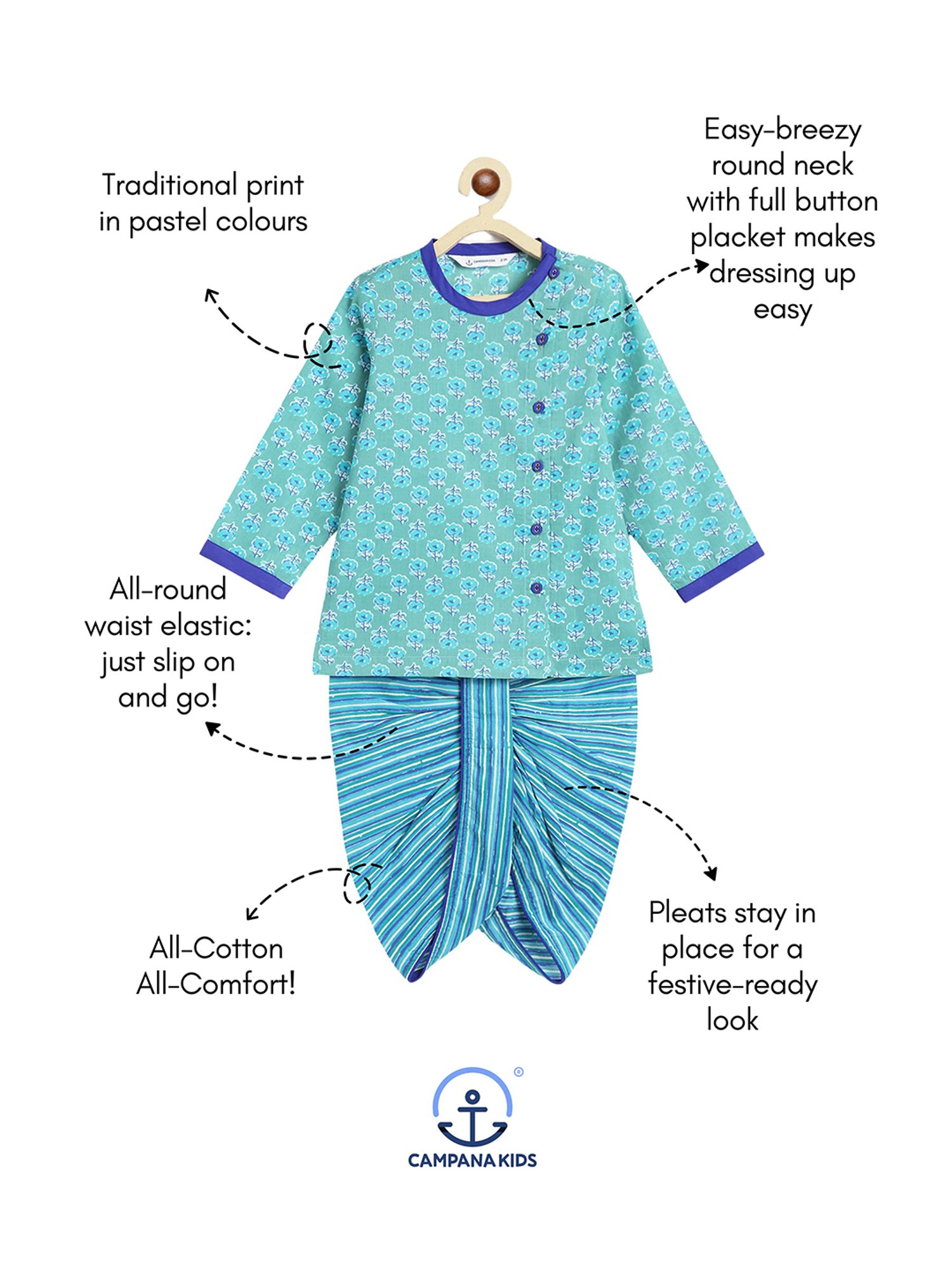 Campana Kids Green & Blue Printed Full Sleeves Kurta with Dhoti