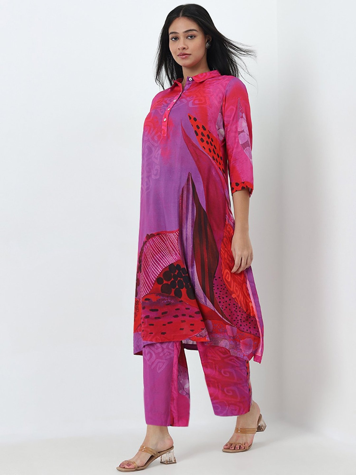 Diza by Westside Magenta Printed High-Rise Palazzos