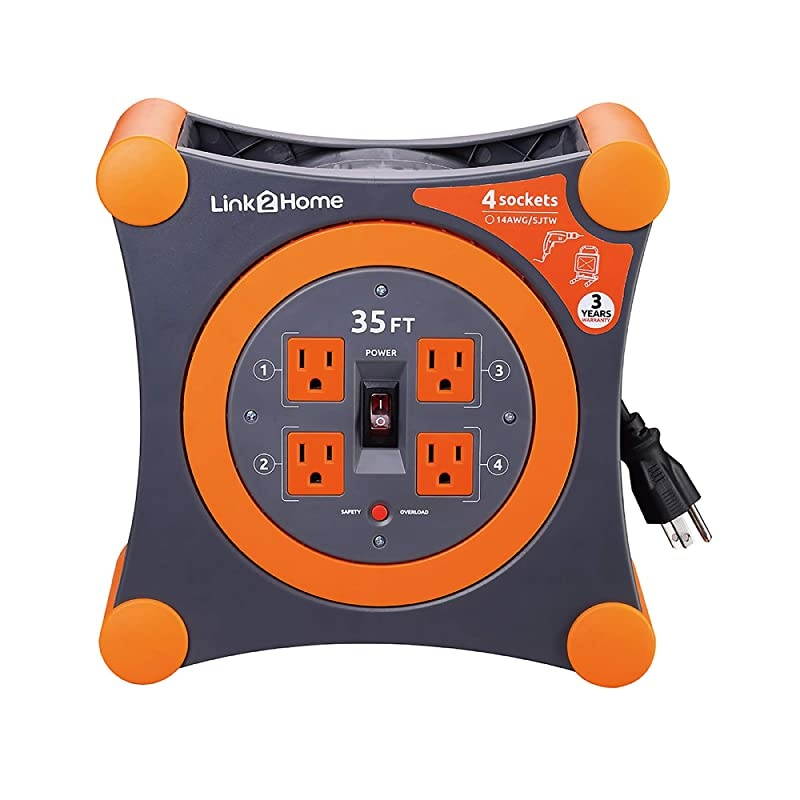 Cord Reel Extension Cord 4 Power Outlets 35 Feet Orange