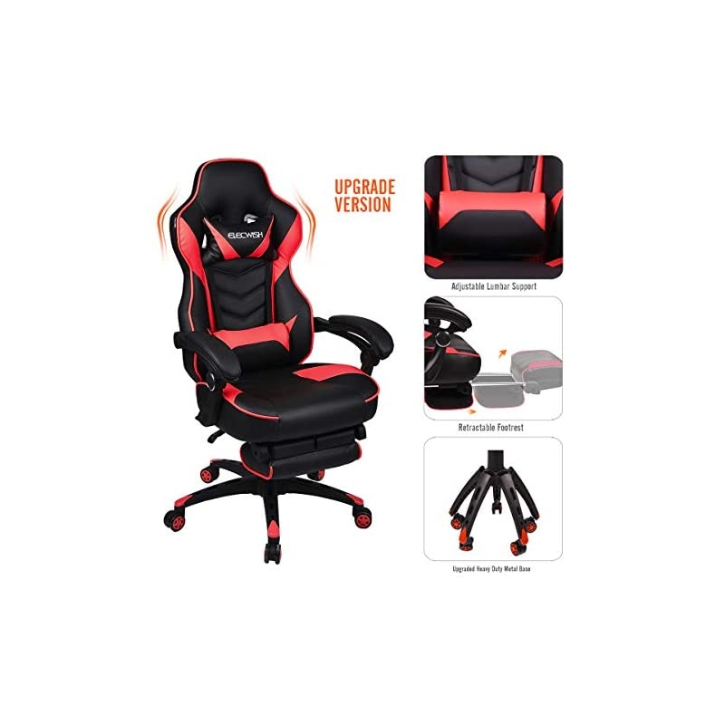 Gaming Chair Racing Office - PU Leather High Back Ergonomic 170 Degree Adjustable Swivel Executive Computer Desk Task Large Size with Footrest,Headrest and Lumbar Support (Red)