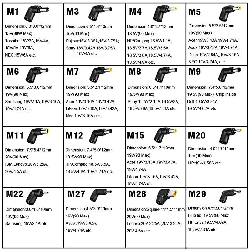 90W AC Universal Laptop Charger 15V 16V 185V 19V 195V 20V Power Adapter Supply for ASUS HP Dell Toshiba IBM Lenovo Acer Samsung Sony Fujitsu Gateway Notebook Ultrabook with 16 DC Jack