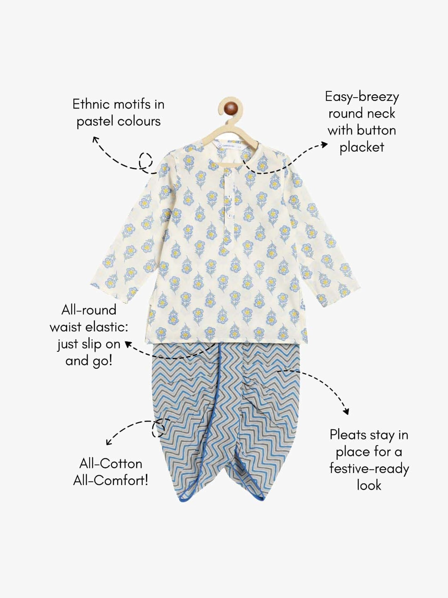 Campana Kids White & Blue Cotton Printed Full Sleeves Kurta & Dhoti