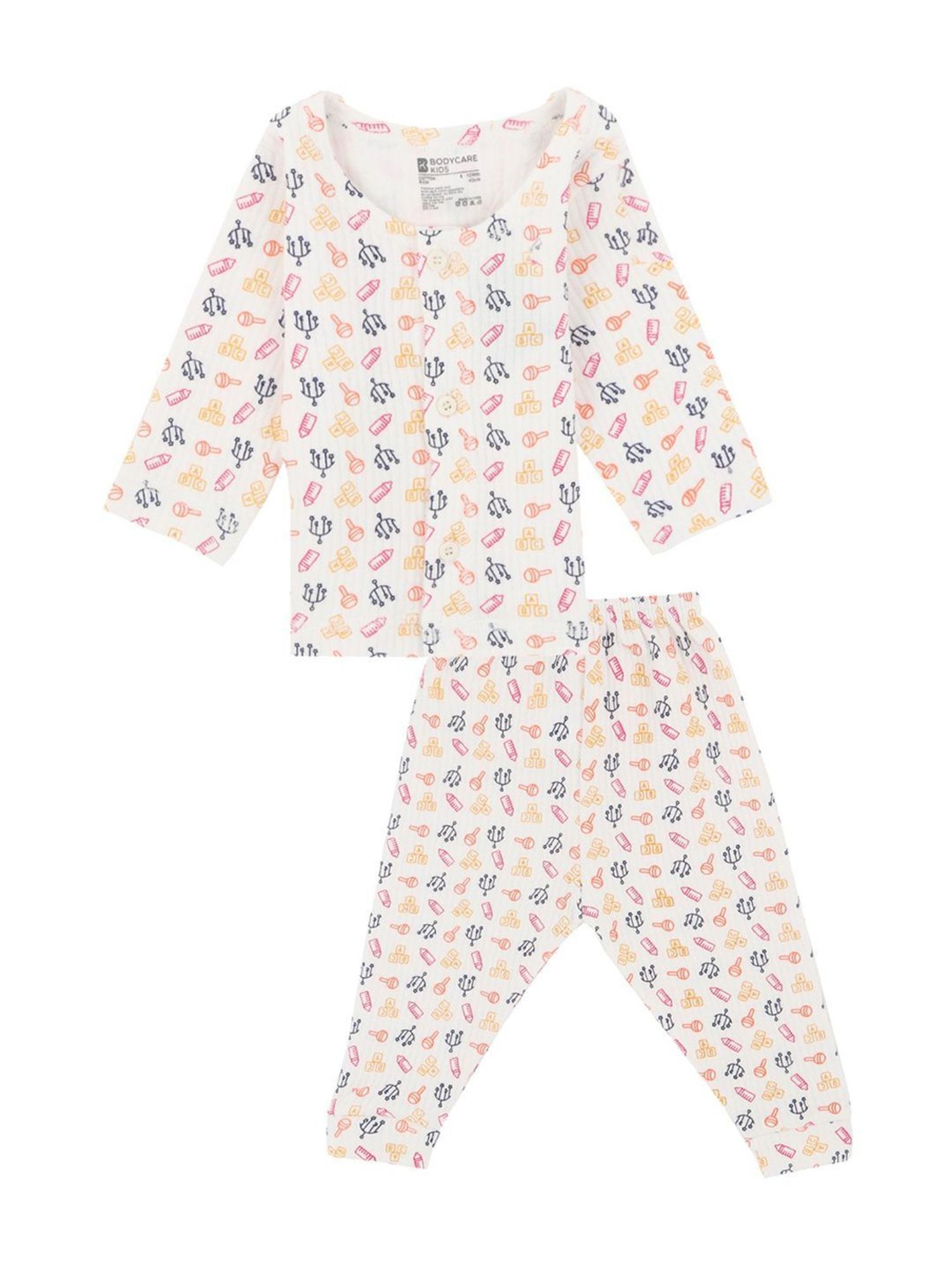 Bodycare Kids White & Yellow Cotton Printed Full Sleeves T-Shirt Set