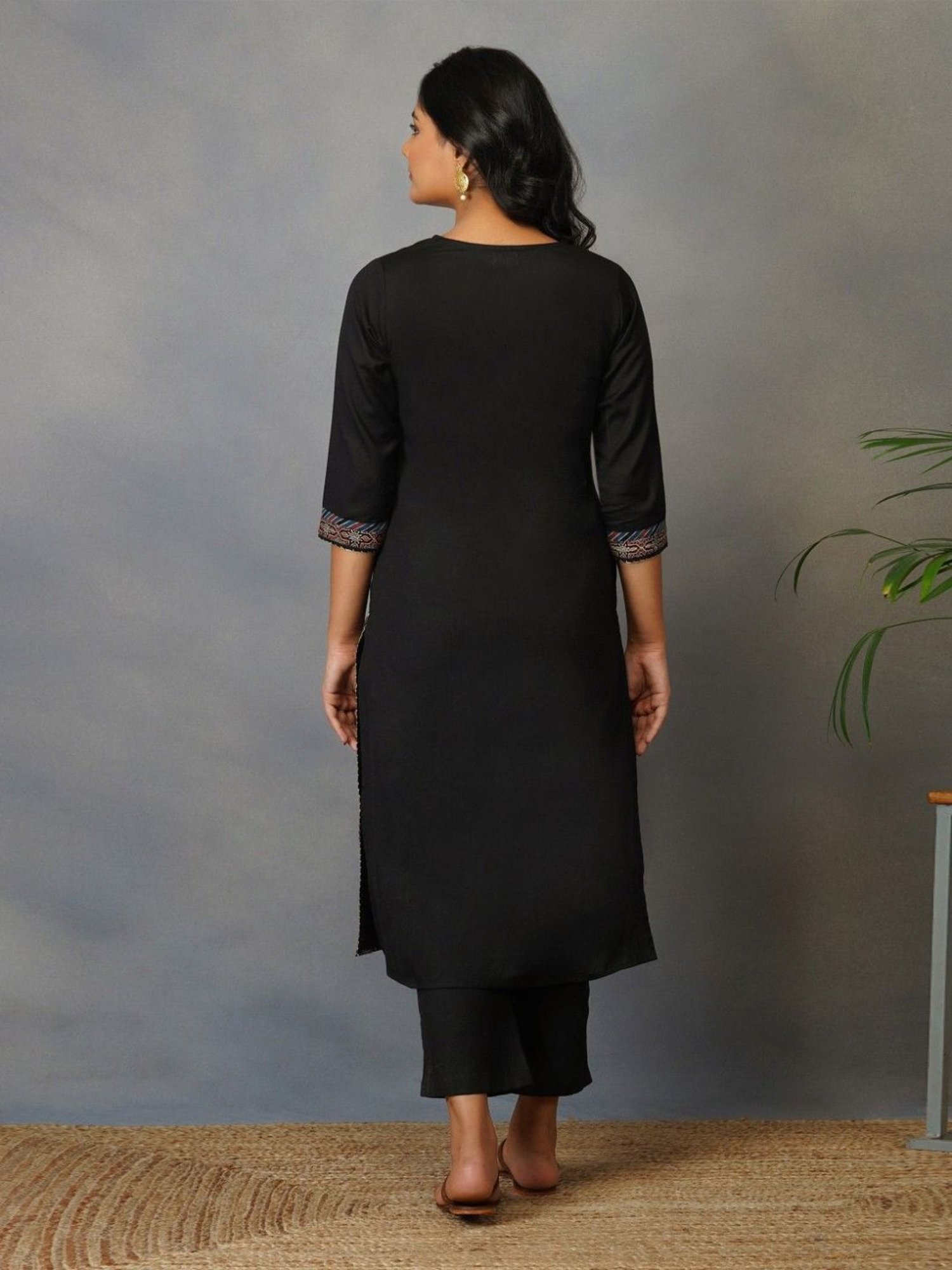 Akiso Bakhair Black Straight Kurta With Ajrak Yoke In Zari Embroidery Set With Pants