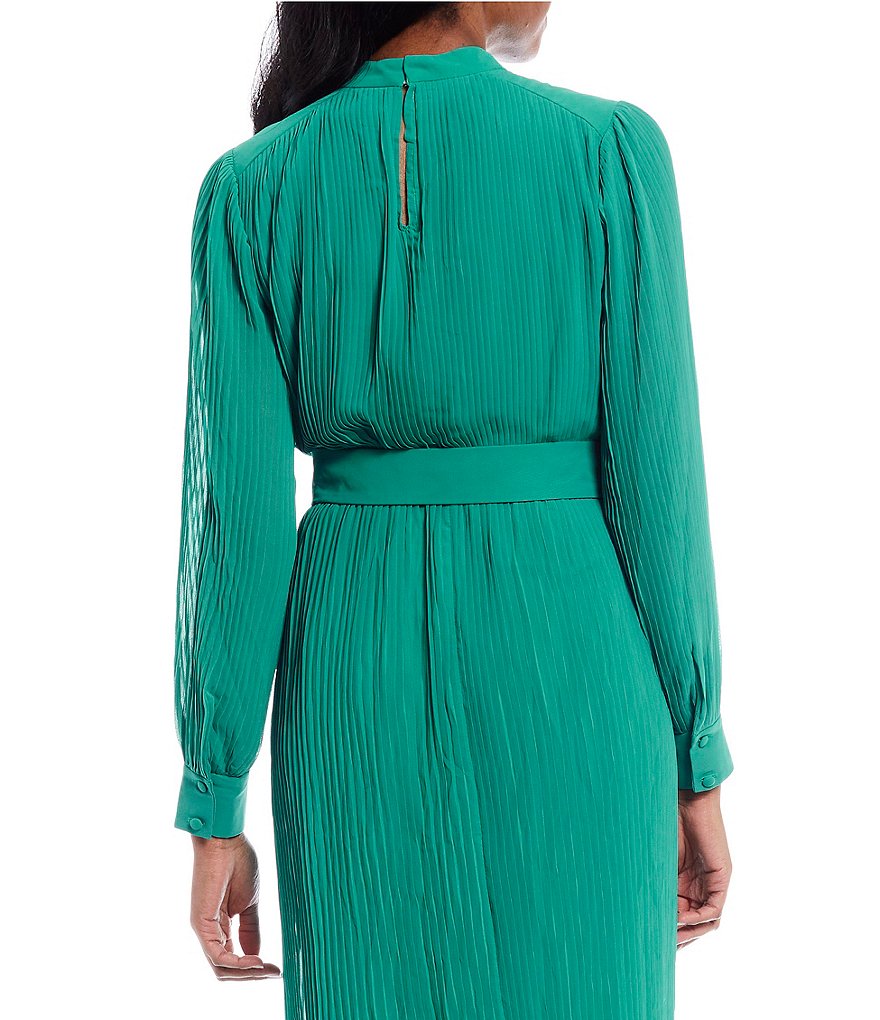 Maggy London Mock Neck Belted Pleated Georgette Long Sheer Sleeve Midi Dress