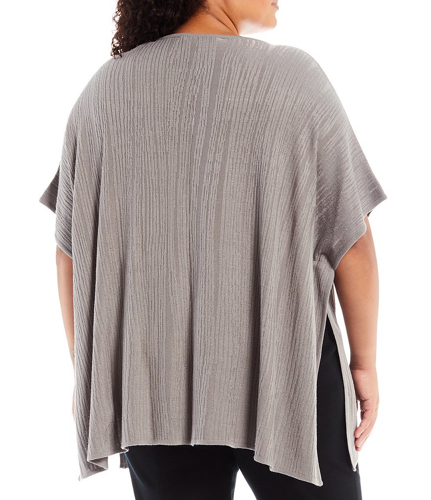 Ming Wang Plus Size Tonal Jewel Neck Short Sleeve Side Slit Knit Poncho Top
