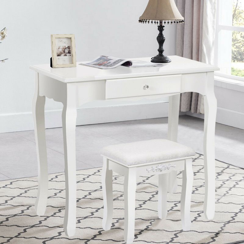 Costway White Vanity Wood Makeup Dressing Table Stool 3 Drawer