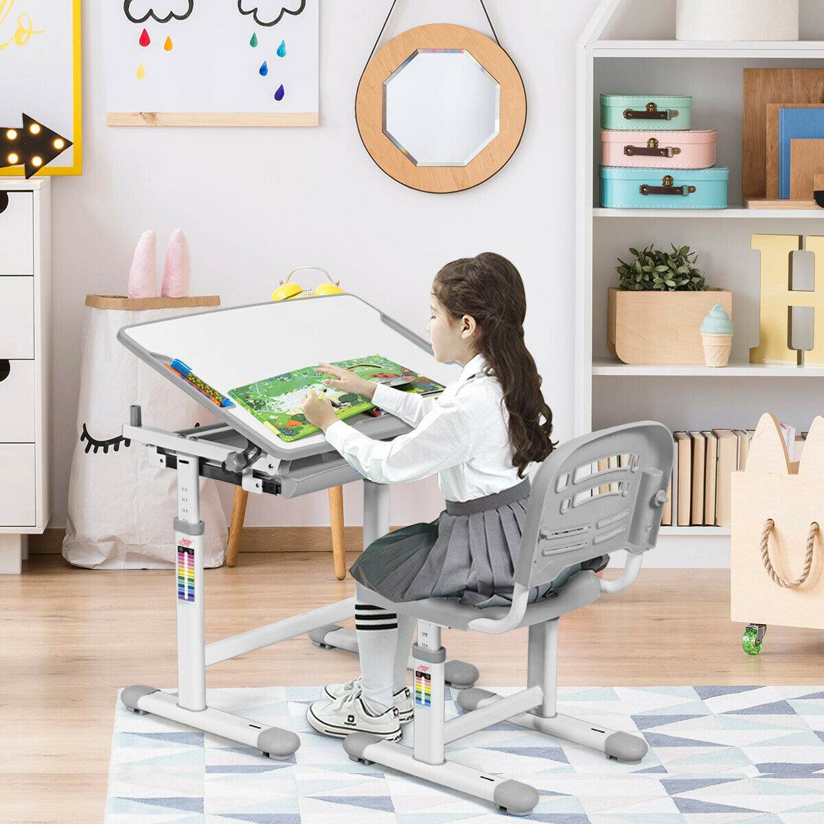 Height Adjustable Children&rsquo;s Desk Chair Set Multifunctional Study Drawing Gray