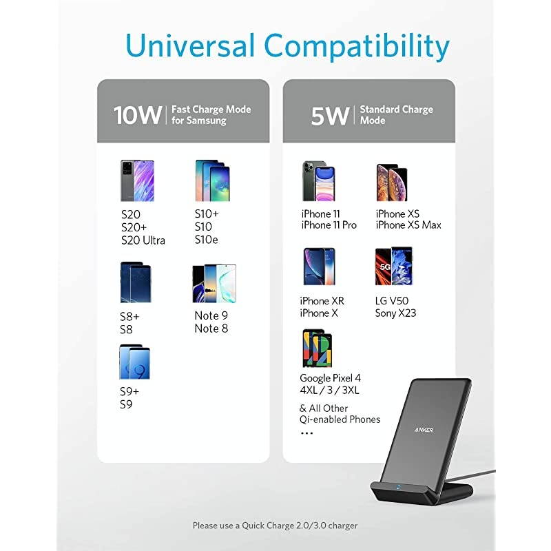 Wireless Charger PowerWave Stand QiCertified for iPhone 11 11 Pro 11 Pro Max XR Xs Max XS X 8 8 Plus 10W FastCharging Galaxy S20 S10 S9 S8 Note 10 Note 9 and More No AC Adapter