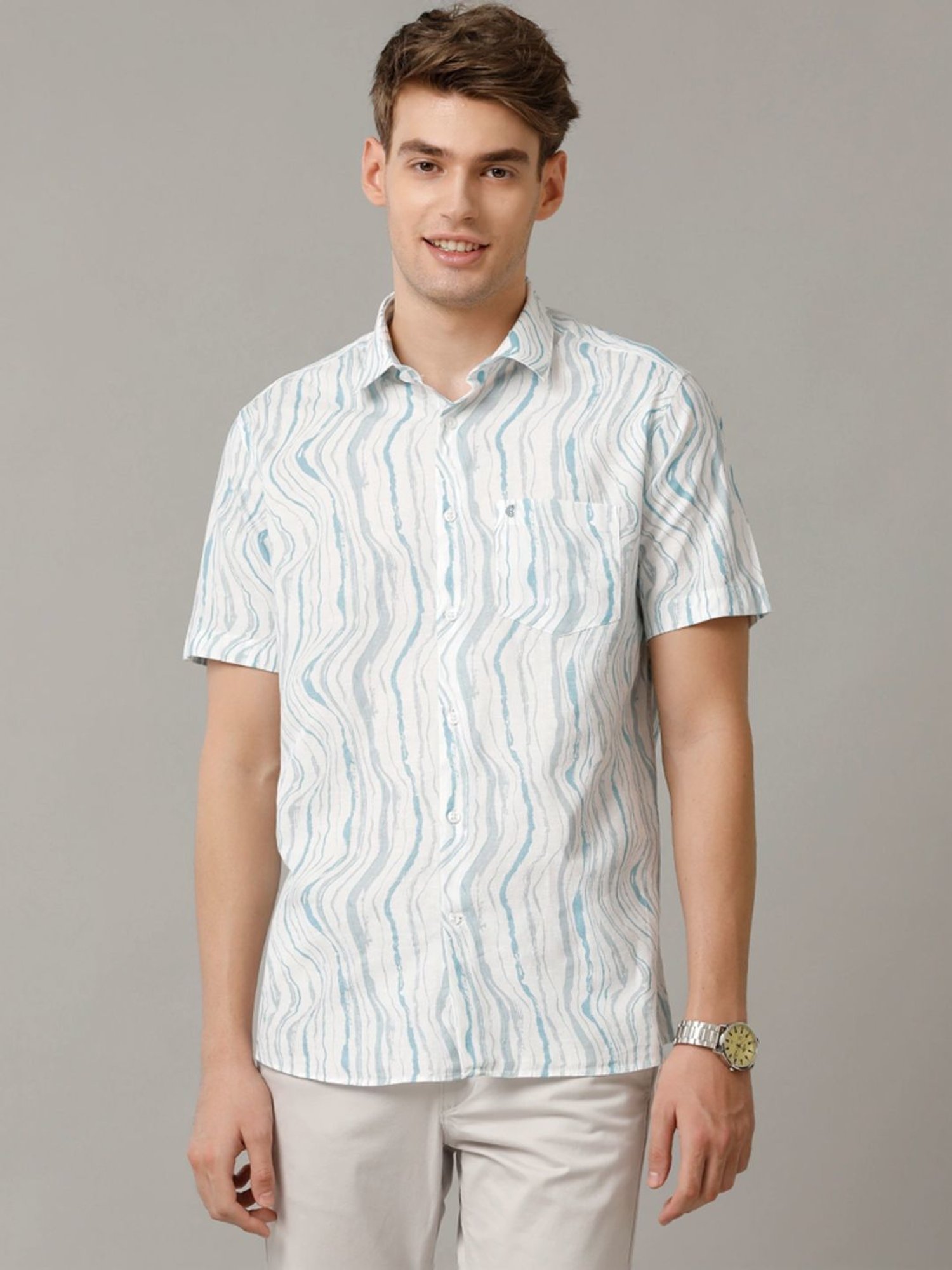 Cavallo By Linen Club Blue Linen Contemporary Fit Printed Shirt