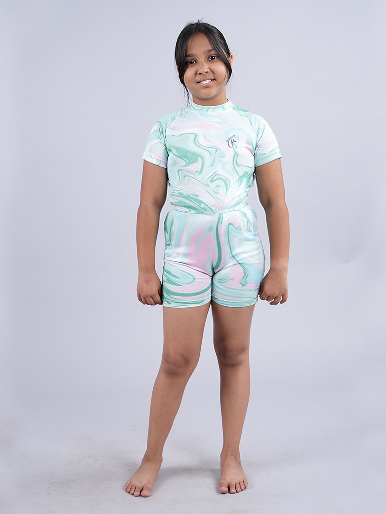 Kiddopanti Kids Green & Pink Printed Swimsuit