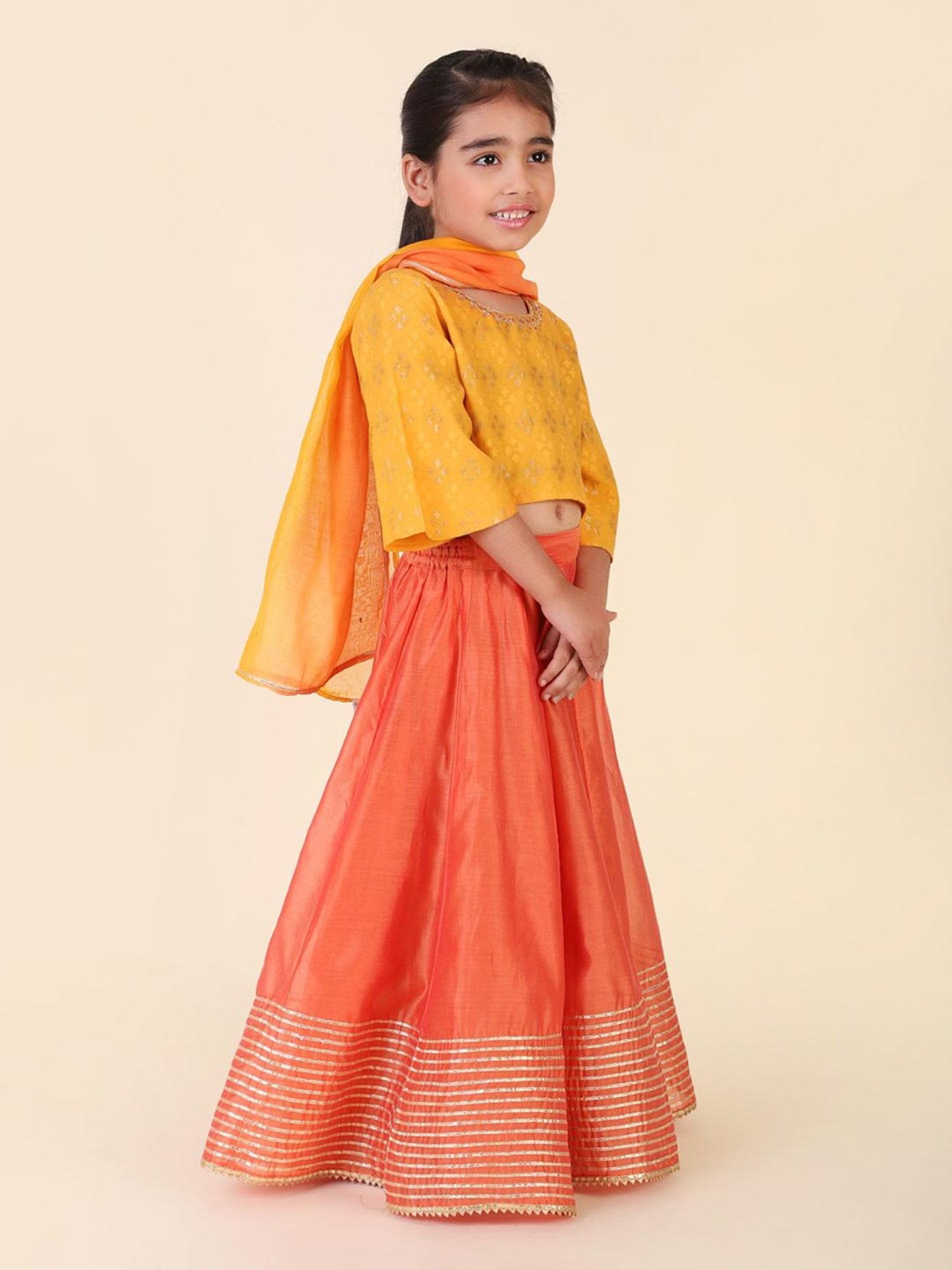 Fabindia Kids Orange Printed Lehenga, Choli with Dupatta